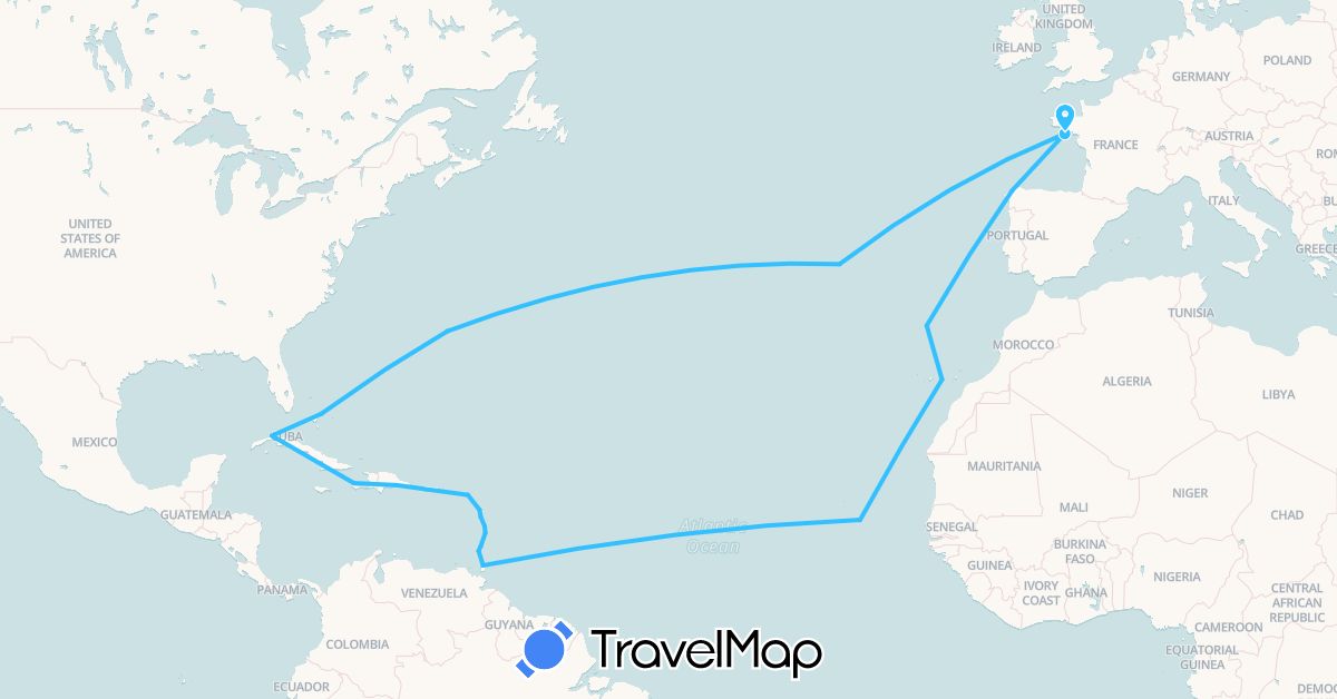 TravelMap itinerary: driving, boat in Bermuda, Bahamas, Cuba, Cape Verde, Dominica, Dominican Republic, Spain, France, Grenada, Guadeloupe, Haiti, Saint Kitts and Nevis, Saint Lucia, Martinique, Portugal, Trinidad and Tobago, Saint Vincent and the Grenadines (Africa, Europe, North America)